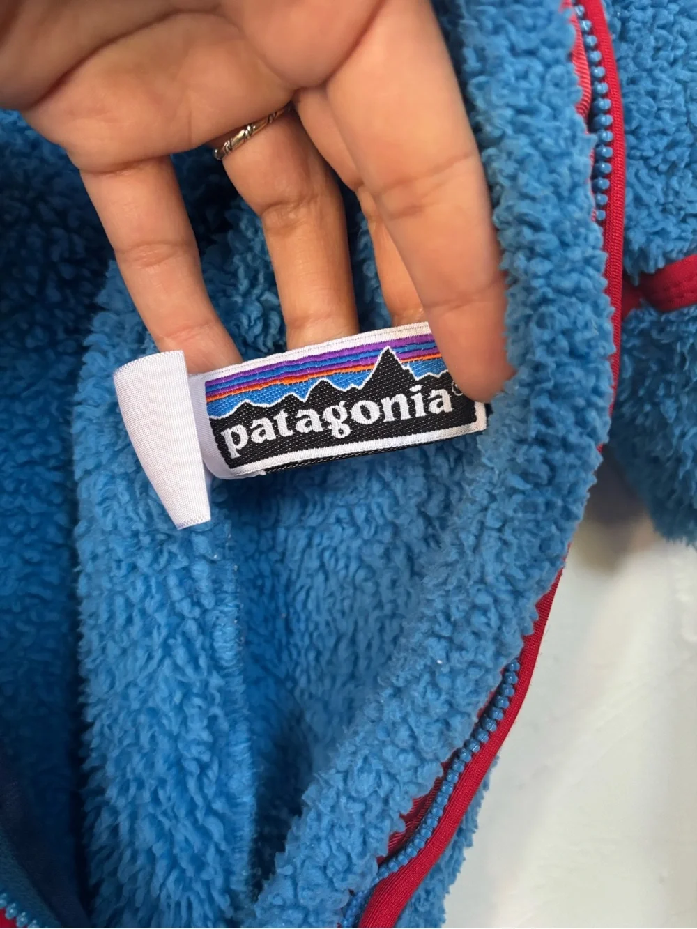 Patagonia Baby Fleece Bunting Size 3M Blue Red Hooded Footed